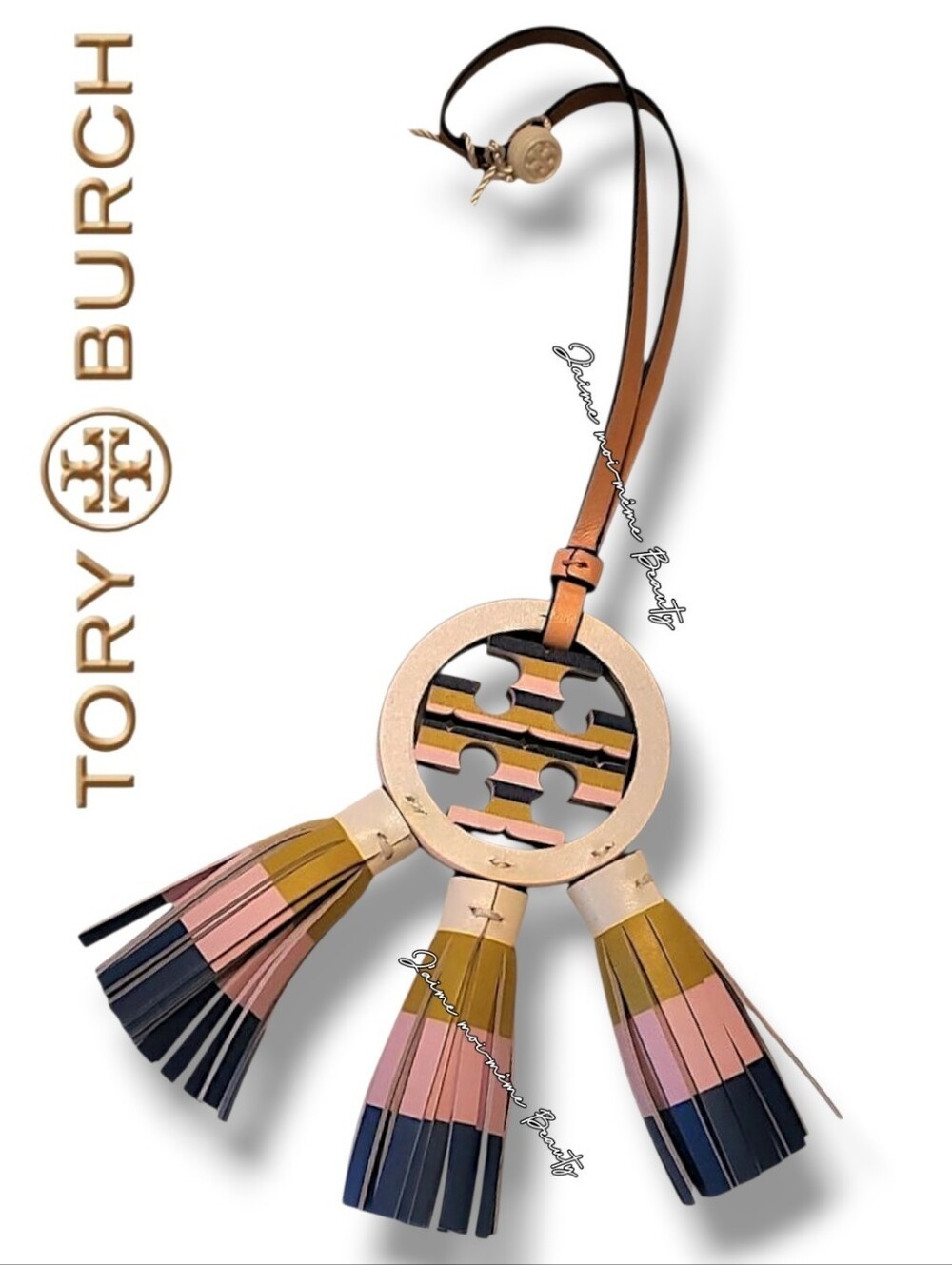 Tory Burch Nautical Boho Leather & Wood Tassell Bag Charm -Baby Pink Blue Yellow